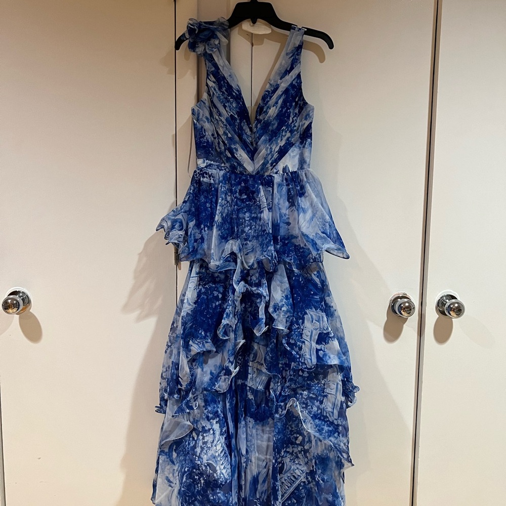 Marchesa Notte Blue and White Painterly Tiered Ruffle Gown Size 0 NWT